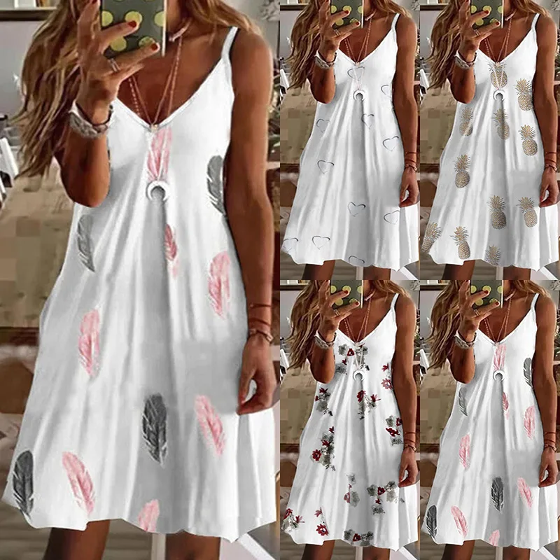 

Women Slip Dress Summer V Neck Sleeveless Feather Pineapple Hearted Floral Print Loose Vestidos S-5XL Sexy Oversized Midi Dress