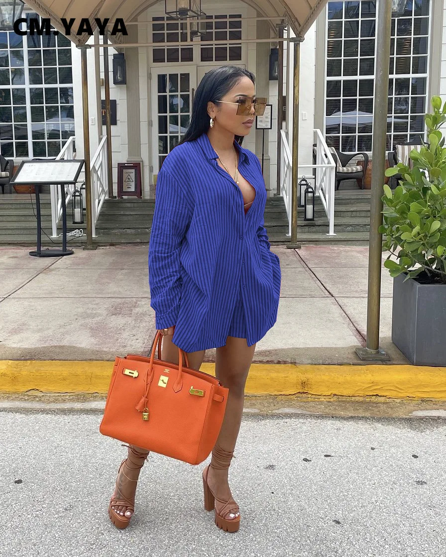 Уличный Женский комплект в полоску CM.YAYA однобортная рубашка с длинным рукавом и