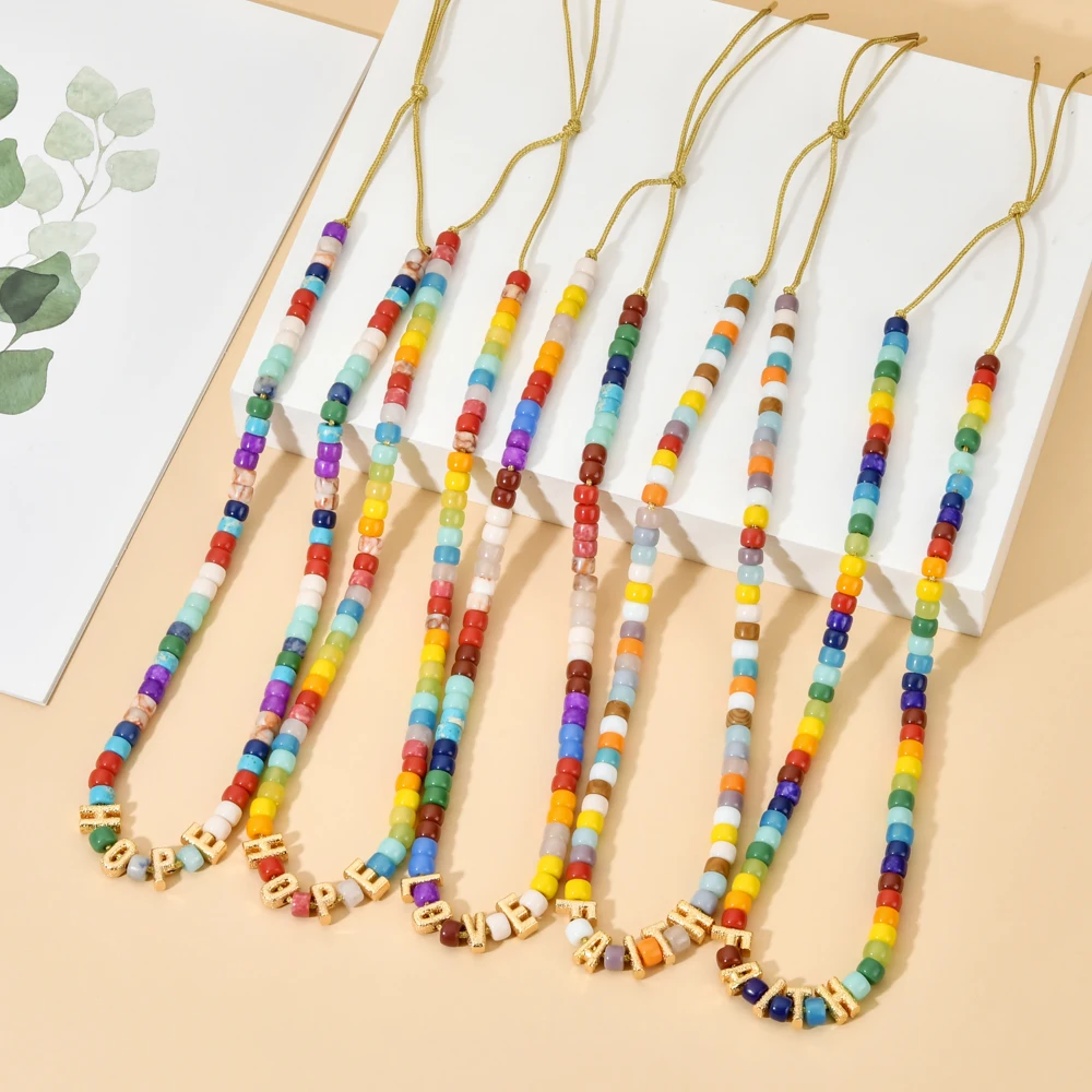 

ZMZY DIY Retro Boho Style Handmade Necklace Natural Stone Beads Letter Love Cute Pendant Necklace Jewelry Gift Women Colliers