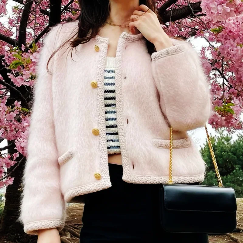 

22 Autumn Runway Pink Mohair Knit Cardigans Women Super Warm O Neck Long Sleeve Sweater Jacket Female Gold Single Breasted Top
