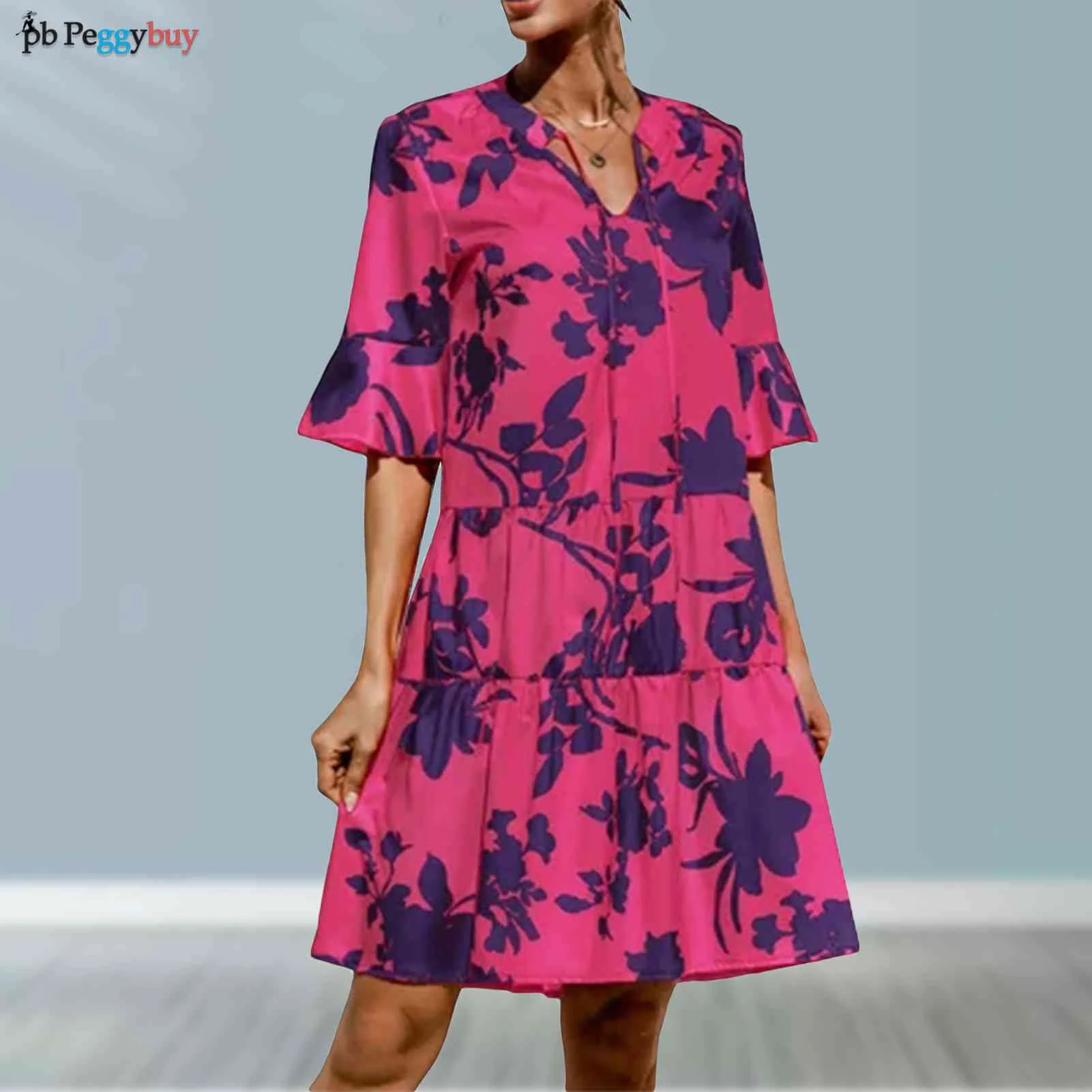 

Женское платье миди с оборками и цветочным принтом, летнее Многоярусное платье в стиле бохо, Повседневное платье с поясом, расклешенный рукав, V-образный вырез, наряд для отпуска