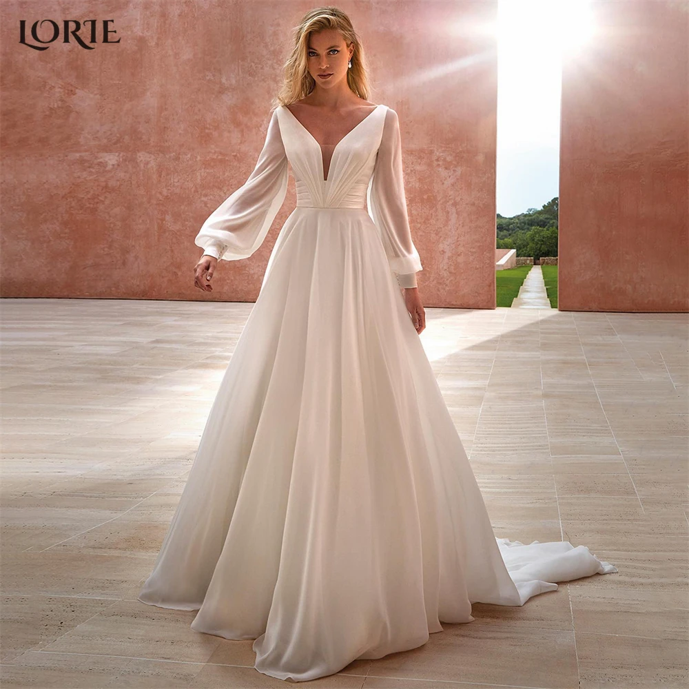 

LORIE Elegant Solid Wedding Dresses V-Neck A-Line Lantern Sleeves Pleats Bridal Gowns Boho Princess Bride Dress Free Shipping