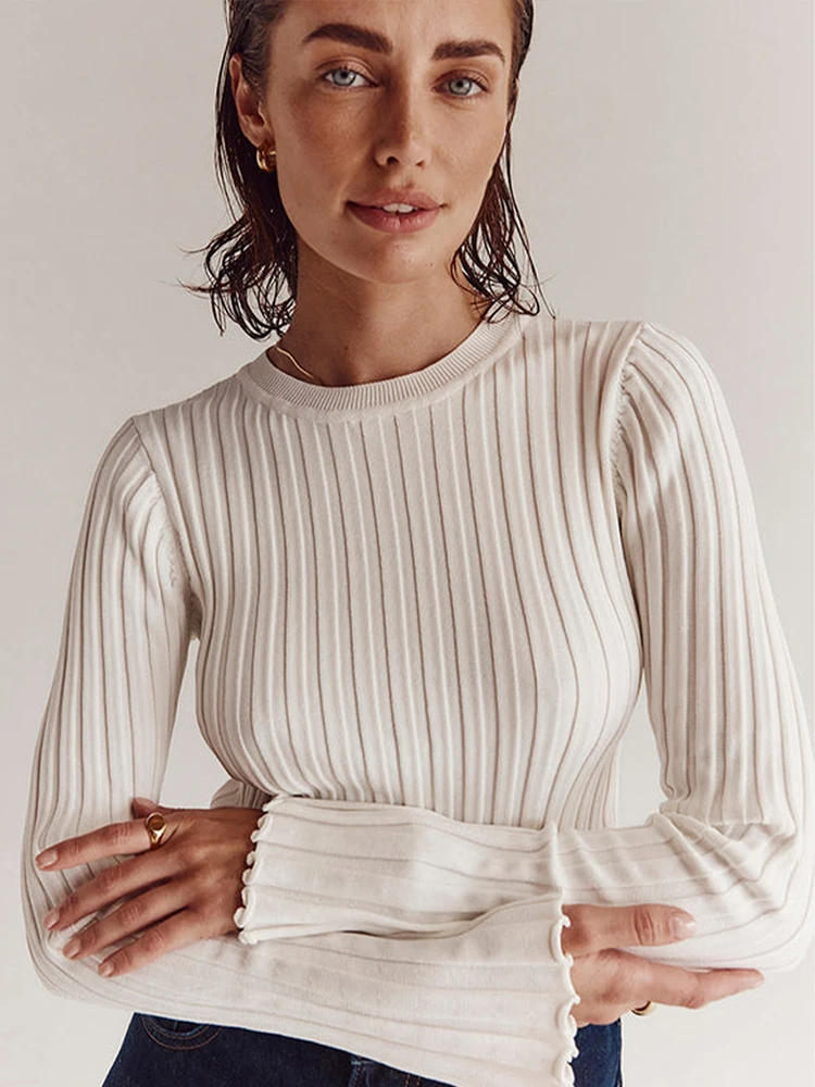 

White Knitted Sweater Women Autumn Winter Flare Sleeve Ribbed Pullovers Female Fashion Elegant Bodycon Simple Basic Knitwears