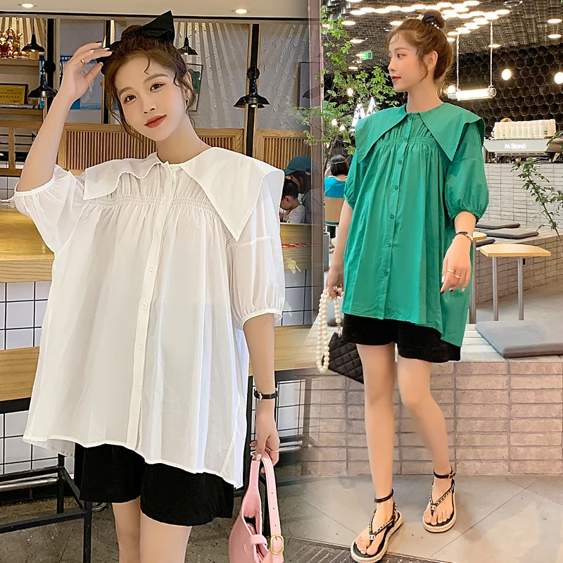 

466# Summer Korean Fashion Maternity Blouses Chic Ins Sweet Loose Shirt Clothes for Pregnant Women Casual Pregnancy Tops Shorts