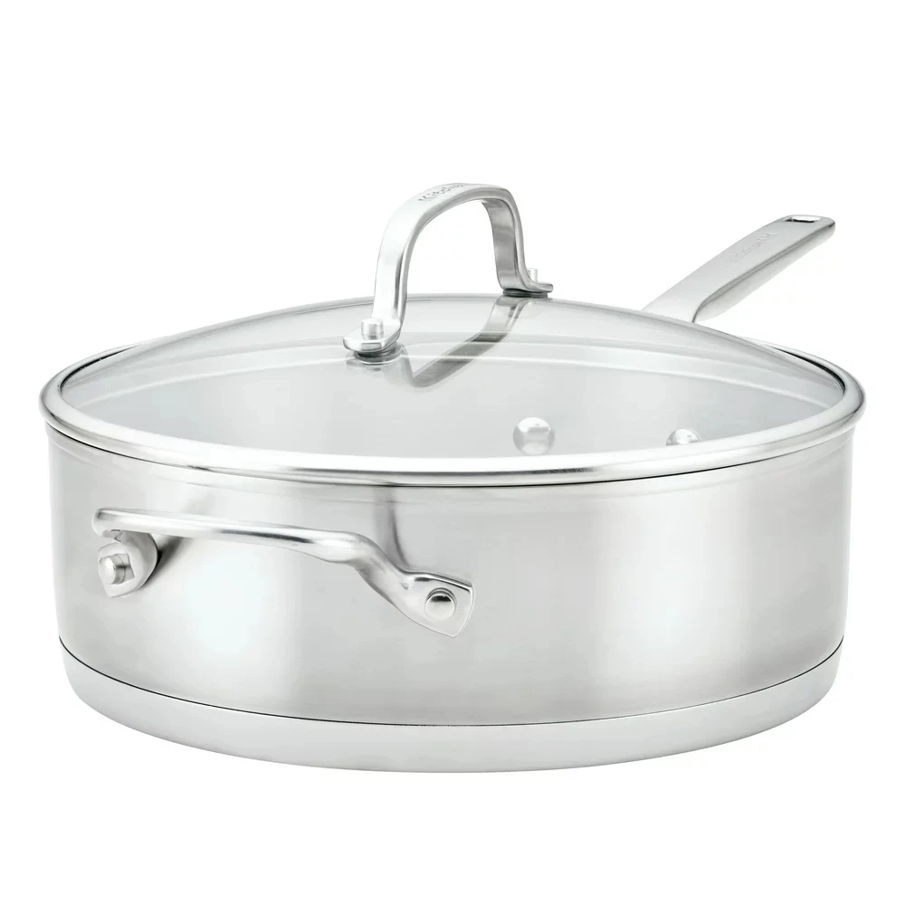 

Base Stainless Steel Induction Saute Pan with Helper Handle and Lid, 4.5 Quart, Brushed Stainless Steel