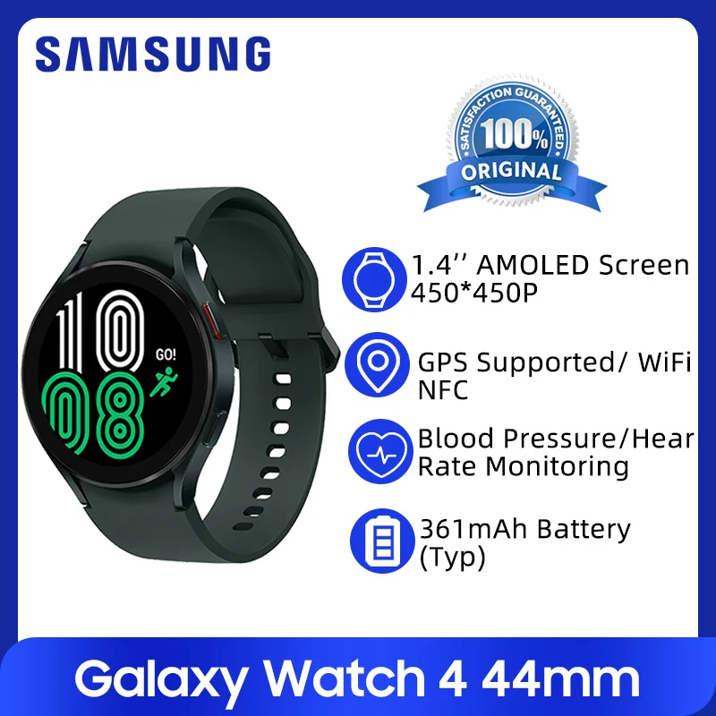 

Samsung Galaxy Watch 4 44mm R875 R870 1.4'' Super AMOLED Smart Watch Blood Oxygen Measure 361mAh Battery GPS Heart Rate Sensor