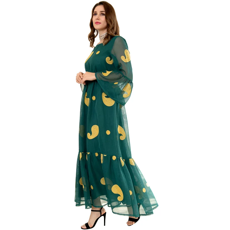 Платье Abayas женское длинное в мусульманском стиле, элегантное кимоно с высокой талией, с расклешенными рукавами, с оборками и разрезом, кафта...