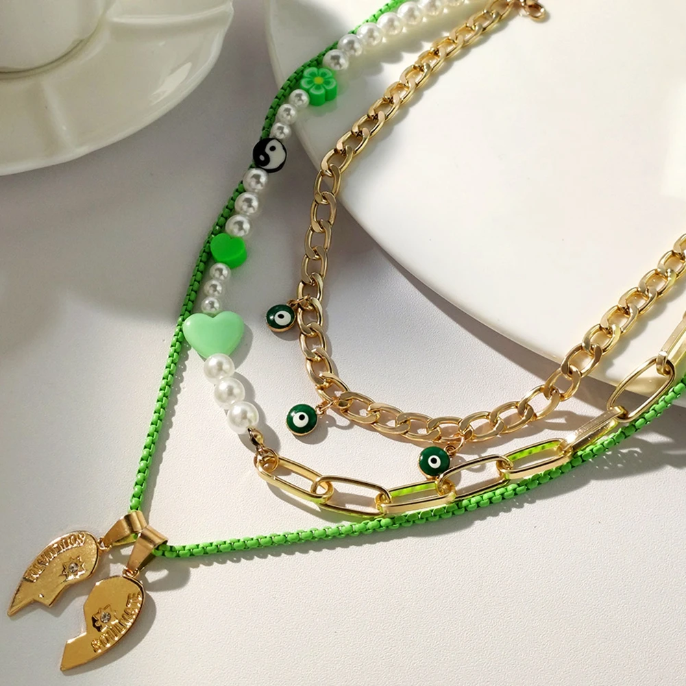 

Boho Y2k Green Enamel Flower Love Pearl Beaded Necklace For Women Multilayer Evil Eye Broken Heart Pendant Necklaces Jewelry New