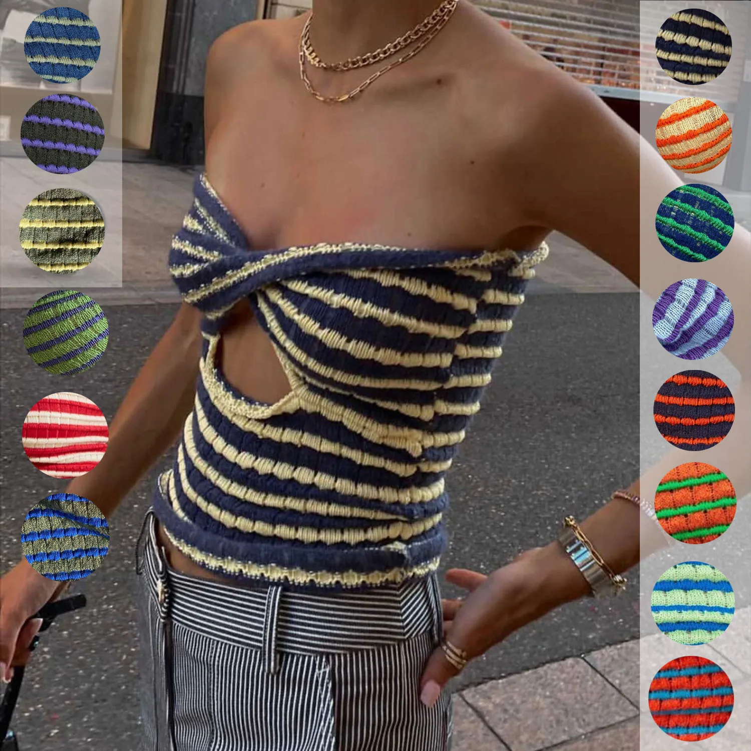 

Strapless Knit Cropped Top Ladies Vacation Sexy Striped Sweater Knit Tube Top Vest Retro Fashion Sexy Y2k Tops