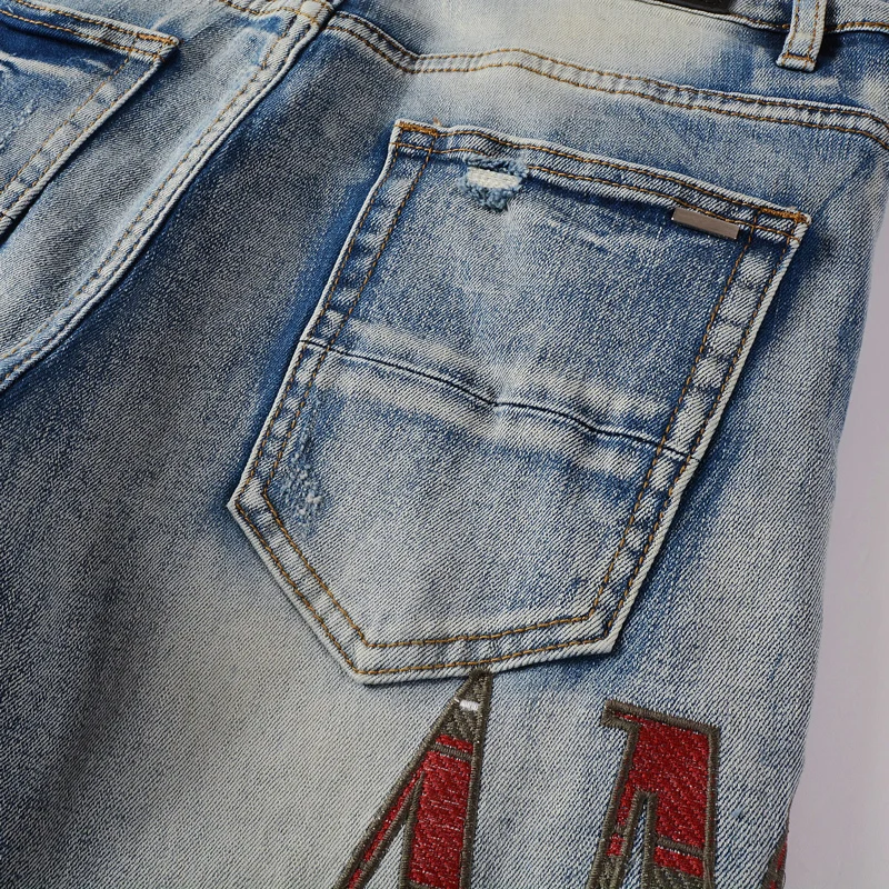 High Street Fashion Men Jeans Retro Blue Elastic Skinny Fit Hole Ripped Jeans Men Buttons Fly Patch Designer Hip Hop Brand Pants