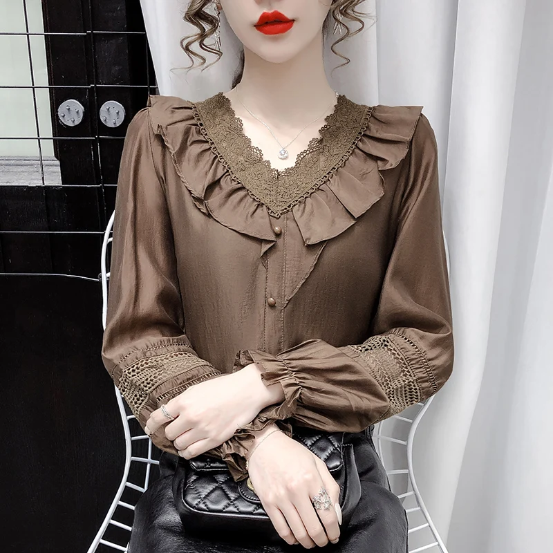 

Chiffon Woman Shirts Summer 2023 New Lace Patchwork Blouses Loose Long Sleeve Solid Top V-neck Ruffles Clothing YCMYUNYAN