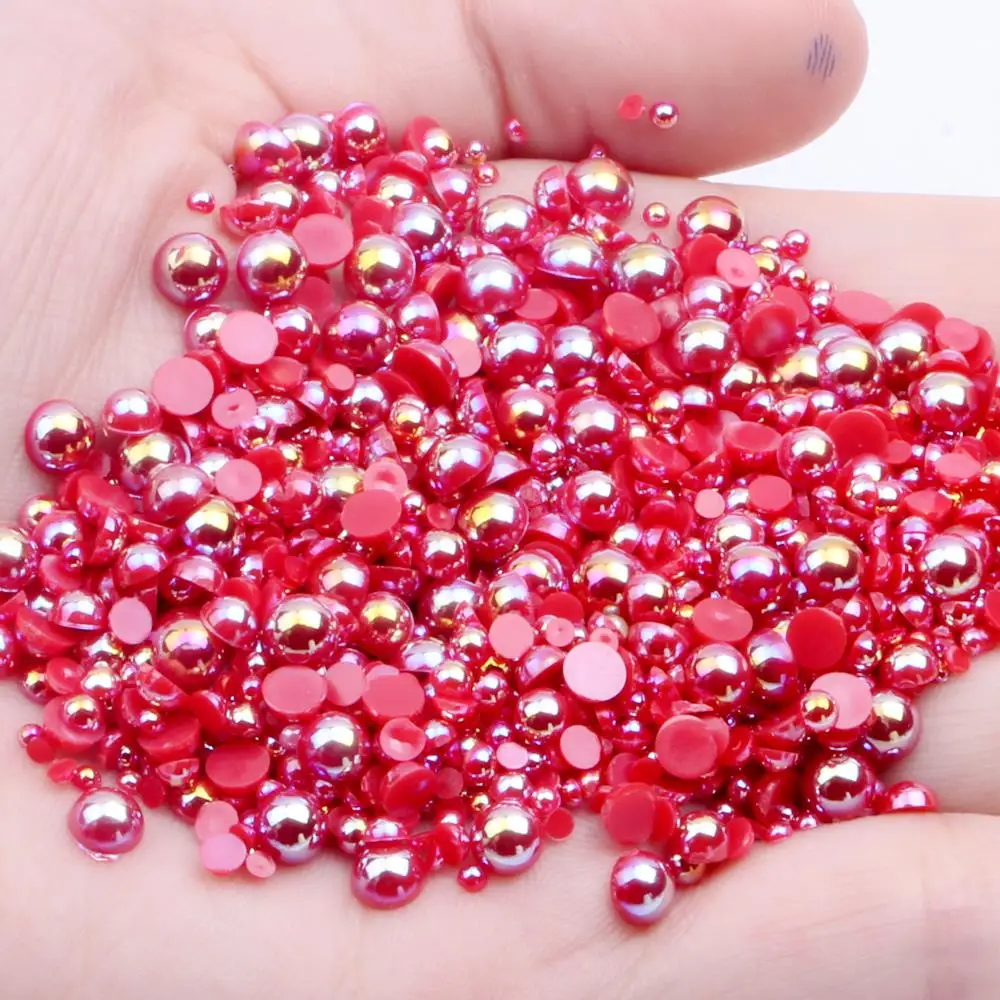

Red AB Half Round Pearls 2-12mm And Mixed Sizes Imitation Flatback Glue On Resin Beads DIY Crafts Garments Supplies