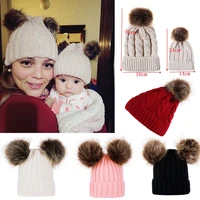 newborn infant baby boy girl mom winter knit warm soft beanie hat hairball cap for adult children family matching caps hats