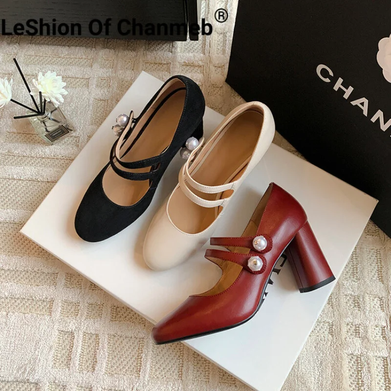 LeShion Of Chanmeb Natural Leather Mary Janes High Heels Pumps Women Pearl Buckle Block Heels Round Toe Single Pumps Female 2023