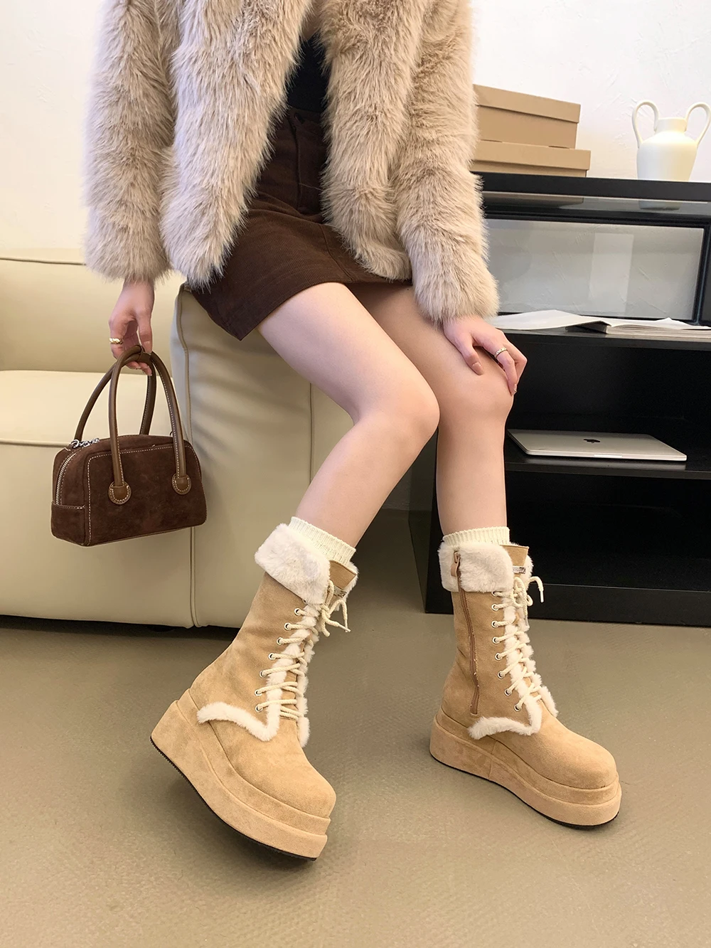 

Round Toe Women Ankle Boots Wedge Mid Heels Winter Snow Boots Cross Tied Lace Up Beige Fashion Sexy Party Pumps Shoes Woman