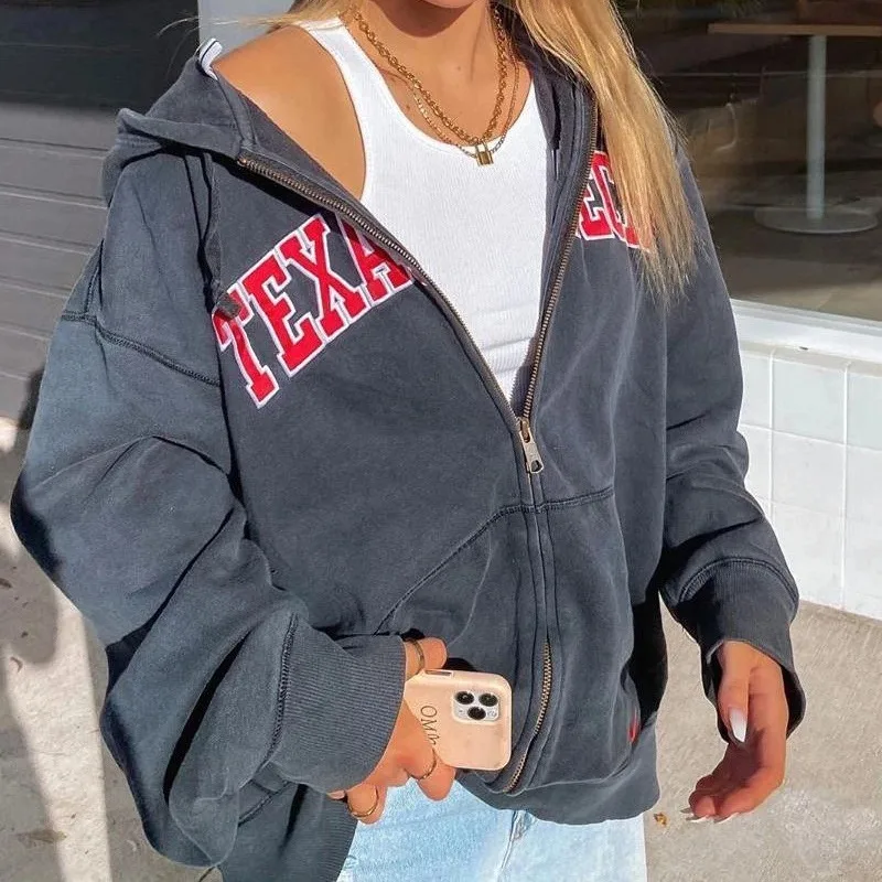

2021 Winter Women Zip Hoodie Red Letter Print Retro Soild Sweatshirt Ladies Clothes Loose Girl Long Sleeve Fashion Top Design