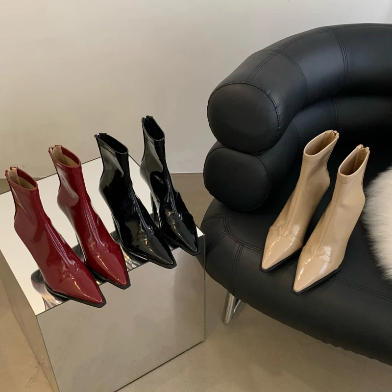 

Белые ботильоны, женская обувь, зимняя обувь на молнии, ботинки-женские низкие, Осенние, резиновые, кожаные, с острым носком, модель 2023 средний каблук Rom