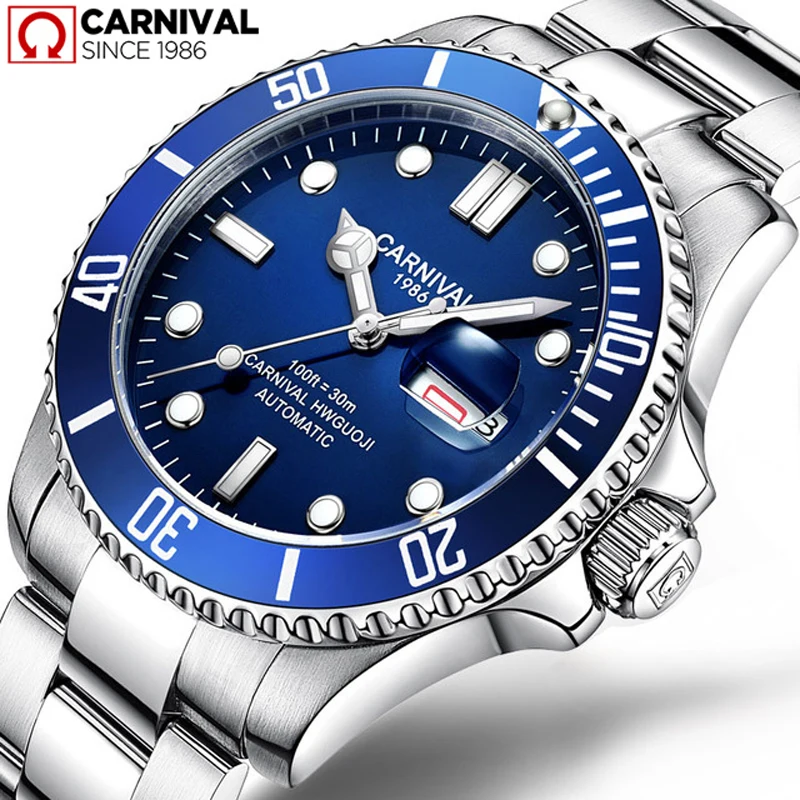 Enlarge CARNIVAL Swiss Classic Style Blue Business Watch Men Luminous Clock Waterproof Automatic Mechanical Watch Relogio Masculino