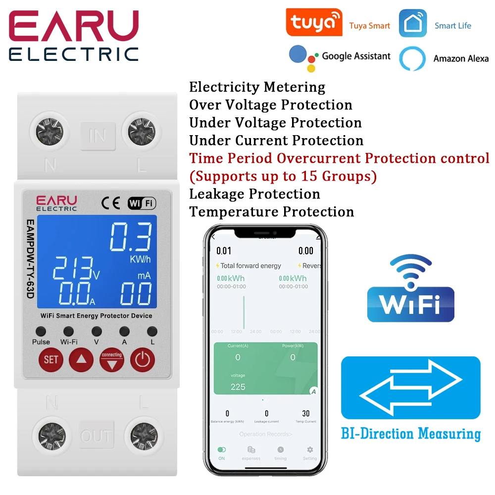 

Автоматический выключатель EARUELECTRIC 63A Tuya Wi-Fi
