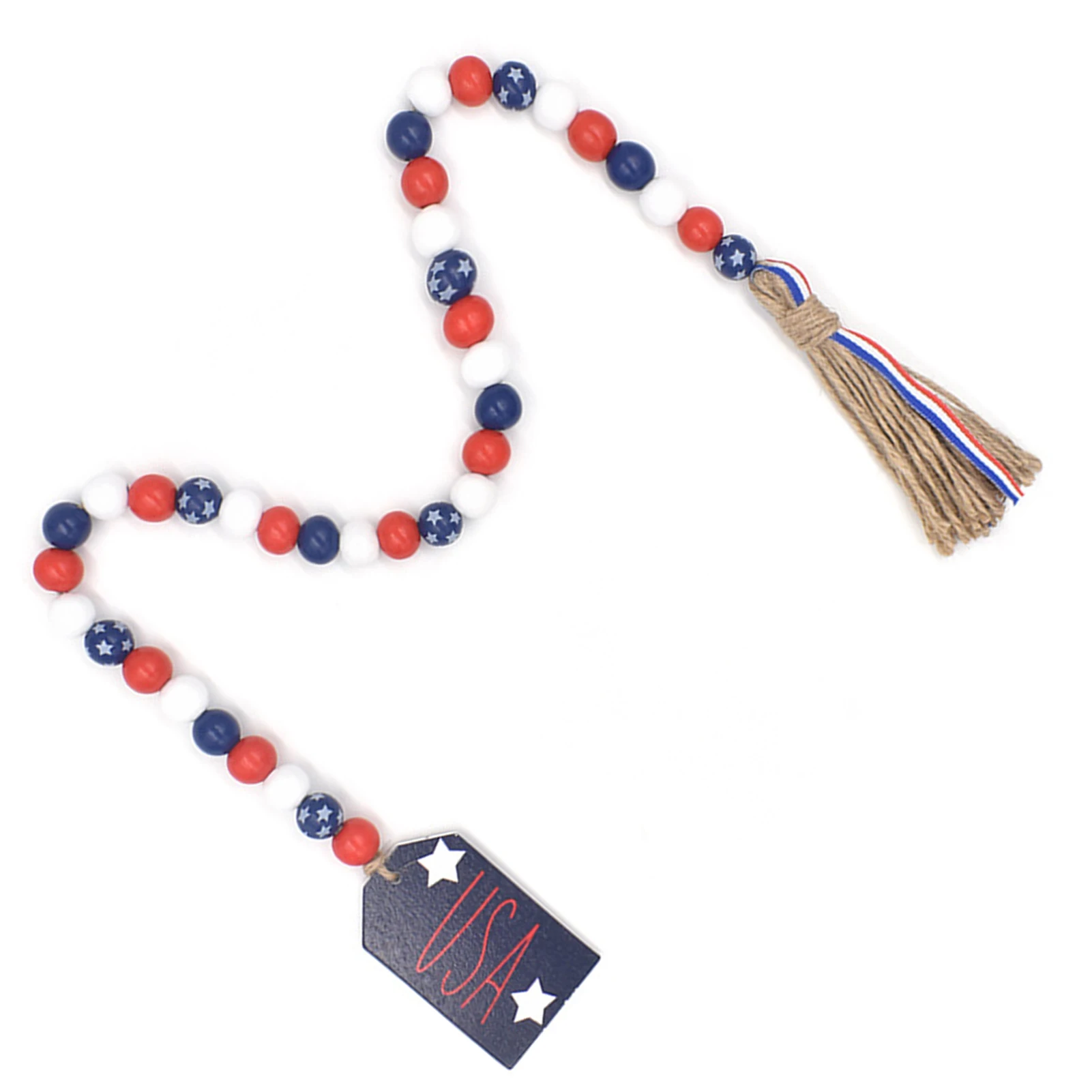 

Independence Day Wood Bead Garland with Farmhouse Rustic American Tag for Hanging Beads Labor Day Decor