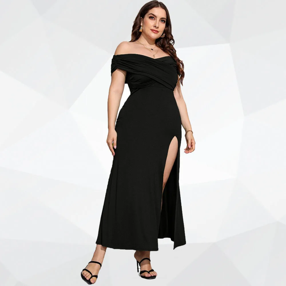 

New Plus Size for solid color Party Elegant V Neck Bodycon Stretch Slip Hem Maxi Dresses 2022 Wholesale Drop Shipping