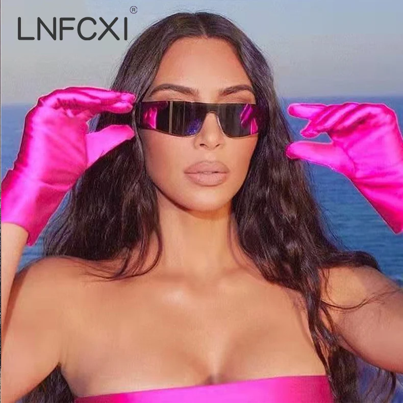 

LNFCXI Retro Unique One Piece Men Sunglasses Fashion Colorful Mirror Shades Sports Driving Goggles Women Punk Sun Glasses UV400