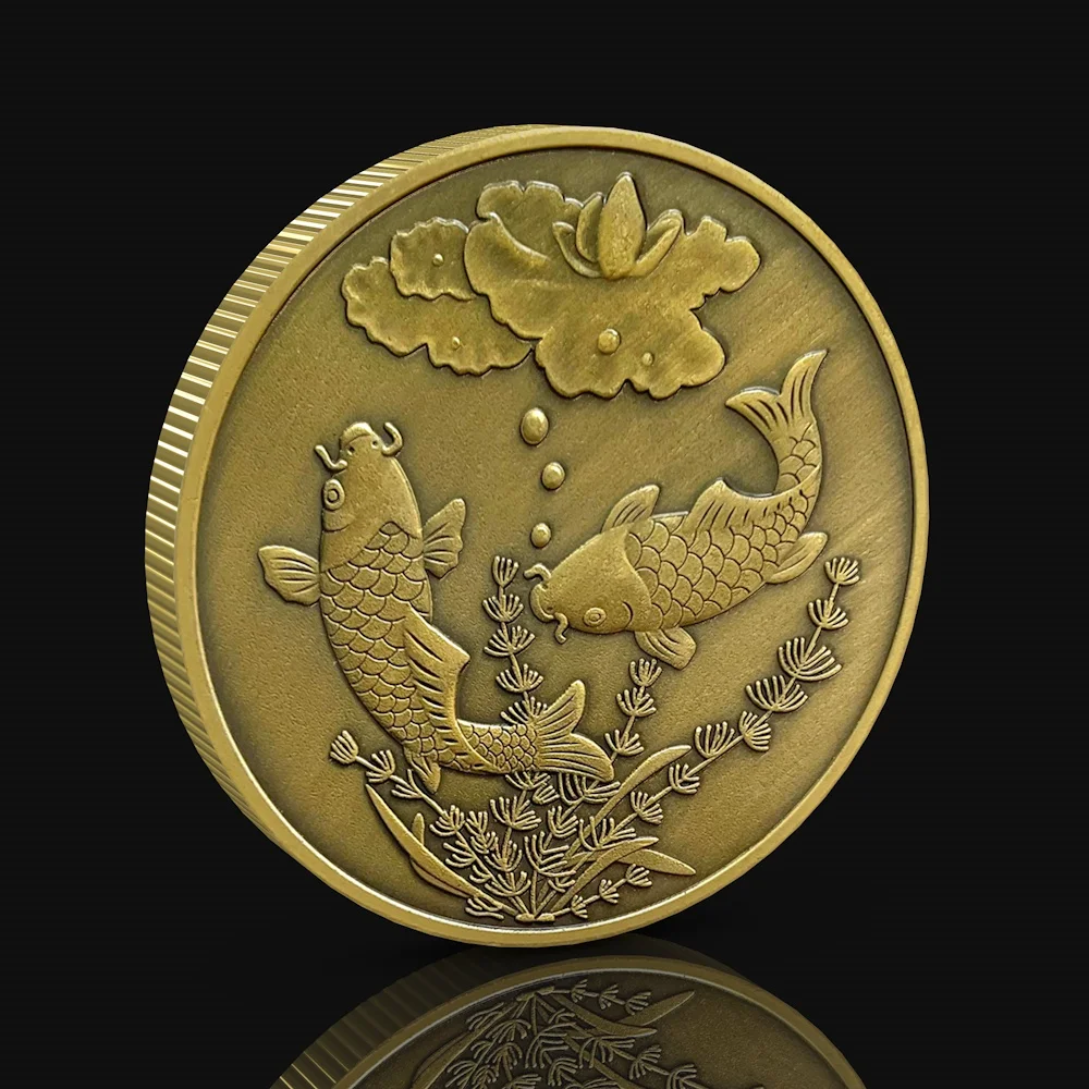 

Удачи, рыба кои, играй, лотос с покрытием, старинная бронзовая монета, талисман, коллекционные предметы, маленький подарок для друзей