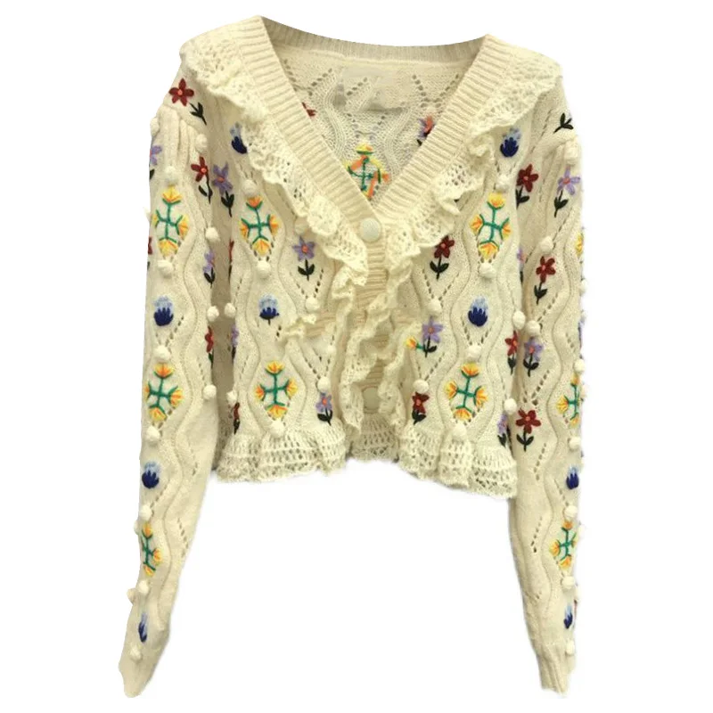 

Spring V-neck Lace Stitching Floral Crocheted Sweater Coat Sweet Hollow Hooked Ruffles Knitted Cardigan Knitwear Crop Tops 2022