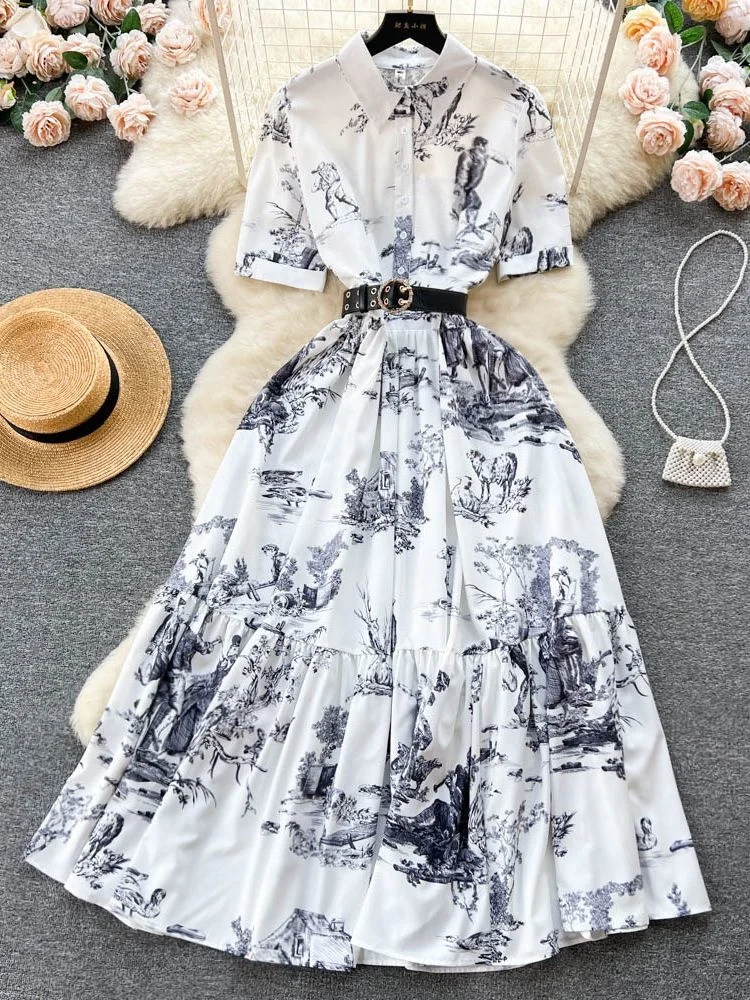 

Женское модельное винтажное платье-рубашка, праздничное платье из искусственной кожи с отложным воротником и коротким рукавом, длинное платье с чернильным принтом и поясом, лето 2019