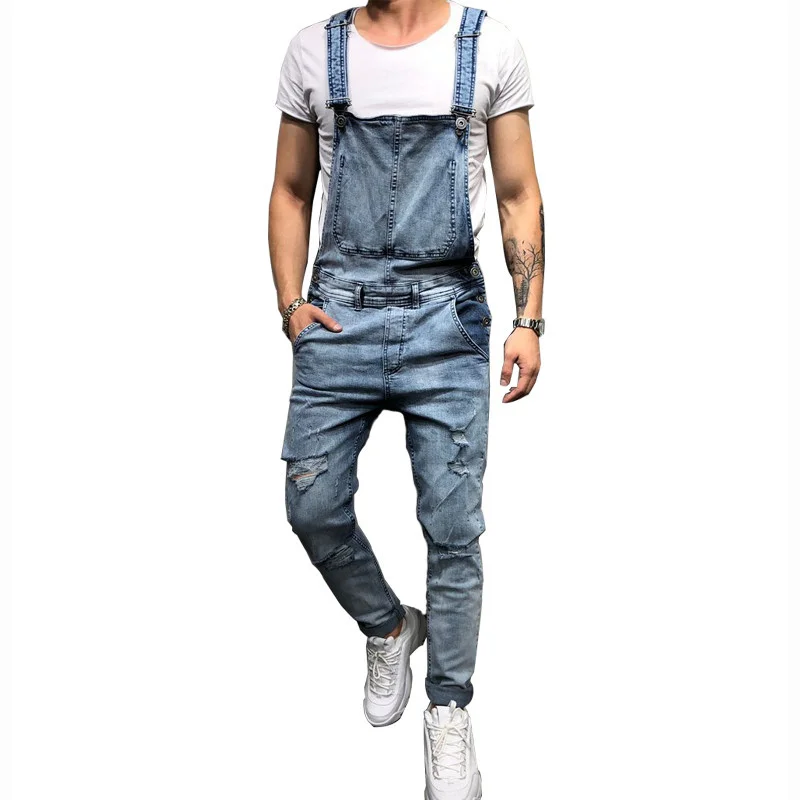 

Fashion Men's Ripped Jeans Jumpsuits Hi Street Distressed Denim Bib Overalls For Man Suspender Pants Size S-XXXL