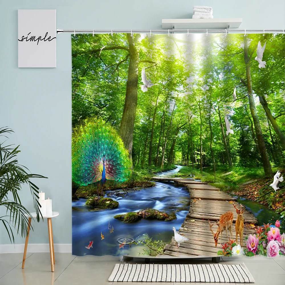 

Forest Landscape Shower Curtain Waterfall Road Flowers Green Plant Scenery Peacock Animal Home Bathroom Decor With Hook Screen