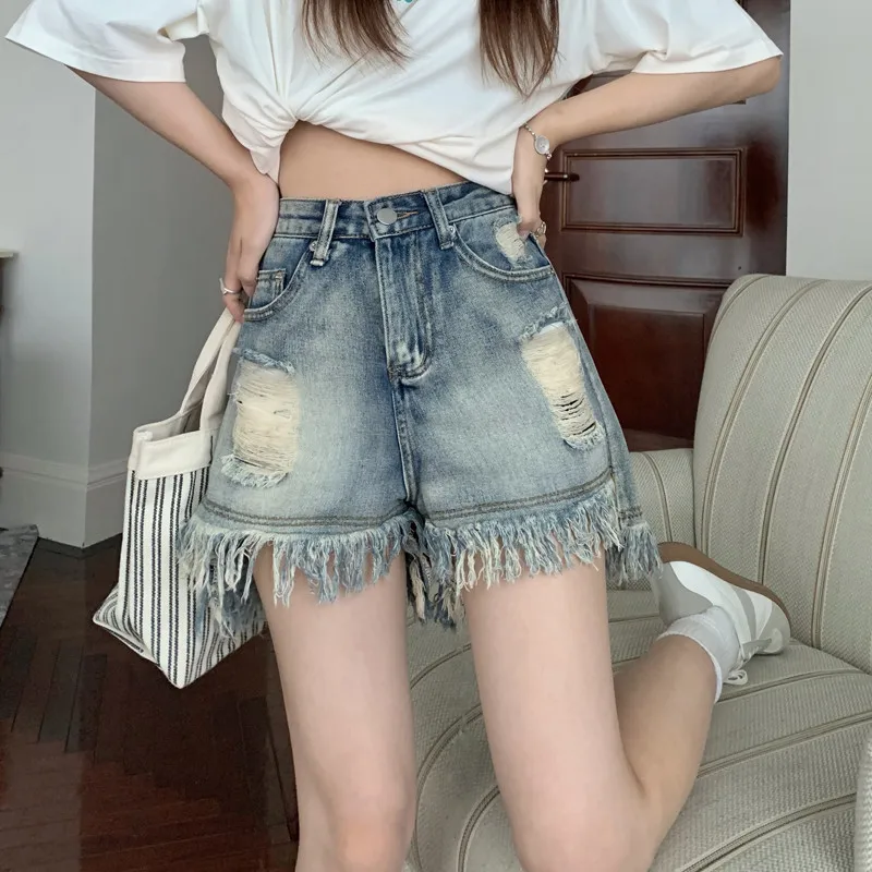 

Women Vintage Holes Tasseled Shorts Hot Girl Fashion Ripped Jeans Short Pants High-waist Sexy Mini Blue Denim Shorts Bottoms