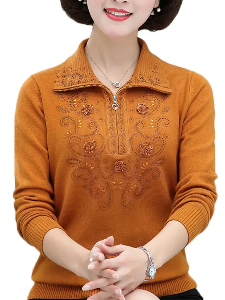 

Middle-aged Women's Zipper Lapel Sweater Autumn Winter Loose Long-sleeved Knitted Pullover Tops Casual Female Bottoming Shirt