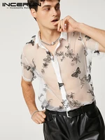 american style well fitting tops casual mens printing see through mesh blouse fashion male short sleeve thin lapel shirts s 5xl