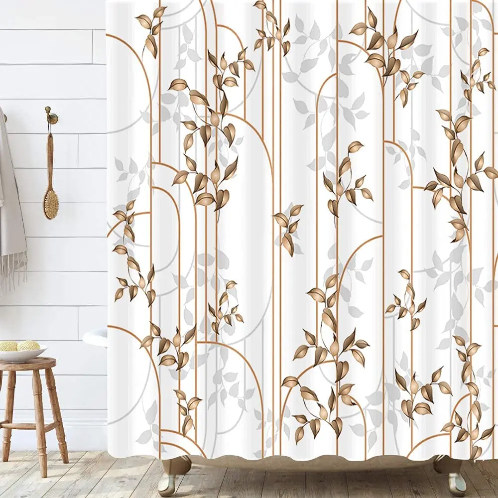 

Yellow Leaves Shower Curtain Morden Simple Line Golden Fabric Bathroom Bath Curtains with Hooks Sets