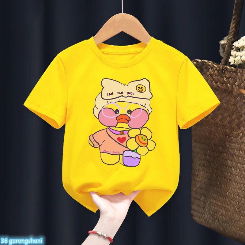 

2022 футболка Lalafanfan, мультяшное кафе Kawaii утка, плюшевая игрушка, принт, подарок на день рождения, футболка для мальчиков и девочек, одежда унис...