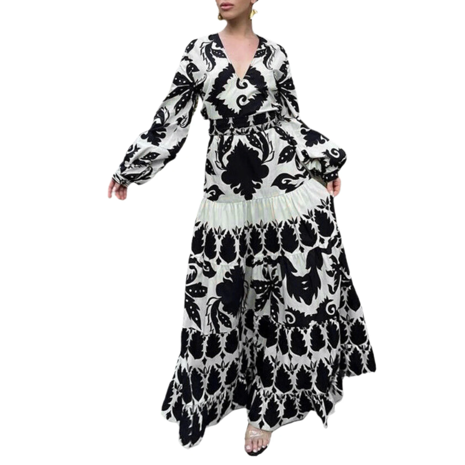

Women's Elegant Loose Long A-Line Dress Ladies Vintage Print Long Sleeve Deep V Neck Ankle Length Dress with Belt
