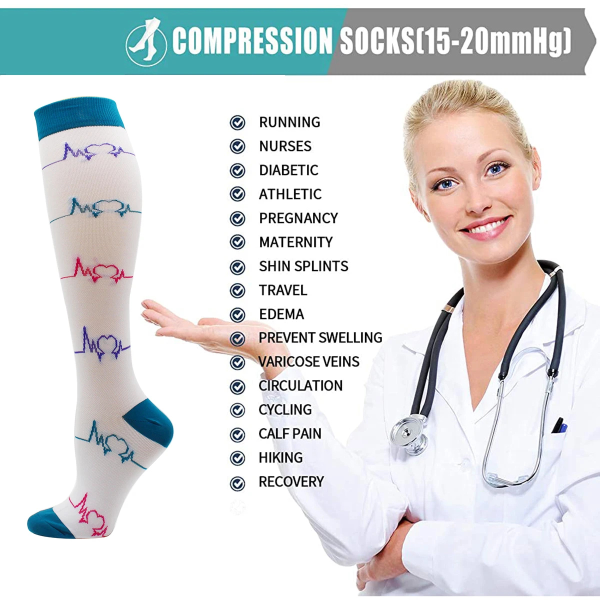 6 Pairs Compression Socks Women and Men Compression Stocking for Running Cycling Varicose Veins Cotton Sports Men's Socks