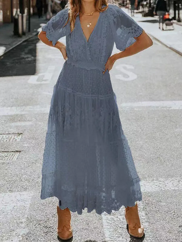 

Women Summer Elegant Solid Mesh Lace Party Dresses New Fashion Short Sleeve Mini Dress For Ladies Casual V-Neck Loose Long Dress