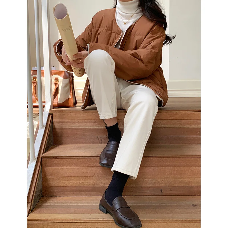 New Down Jacket Women's Winter Round Collar Lapel White Eiderdown Cotton Jacket Solid Color Loose Thick Warm Short Casual Coat