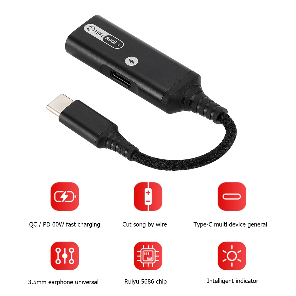 

Dual Type-C/Type-C to 3.5mm Fast Charging Dongle Cable Cord for Huawei/Xiaomi