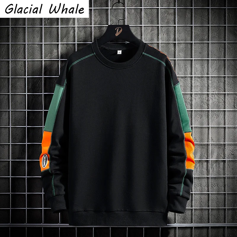 

GlacialWhale Crewneck Sweatshirt Men New Casual Patchwork Spring Side Japanese Streetwear Oversized Black Hoodie Men Sweatshirts