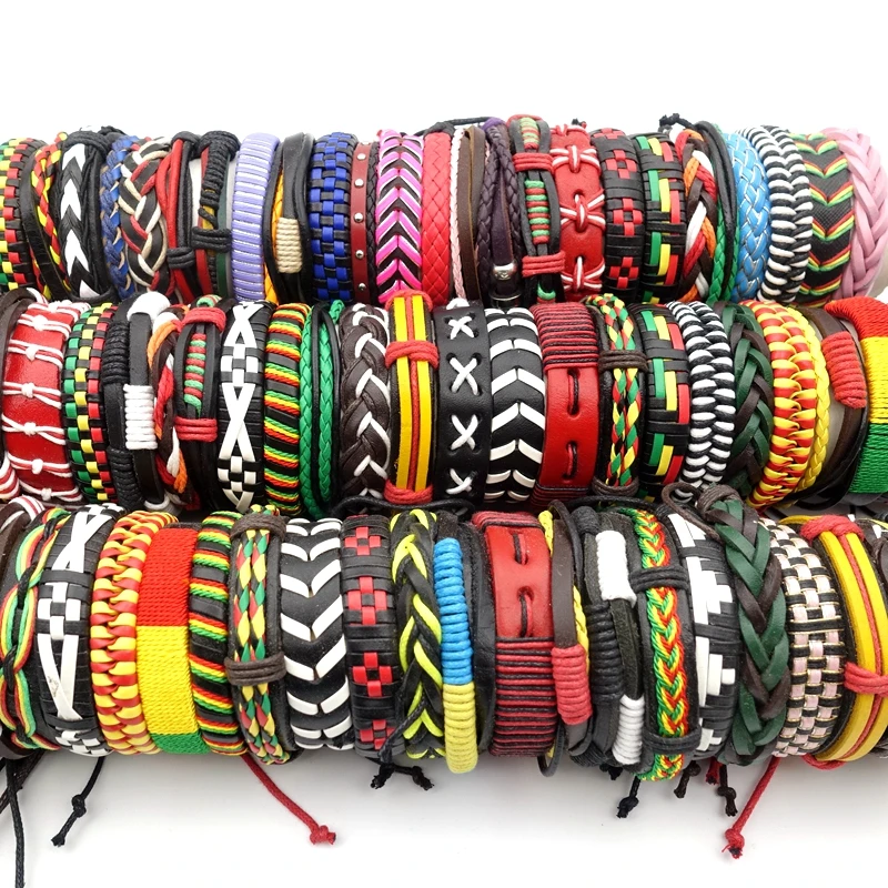 50 шт. разноцветные кожаные браслеты-манжеты для мужчин и женщин