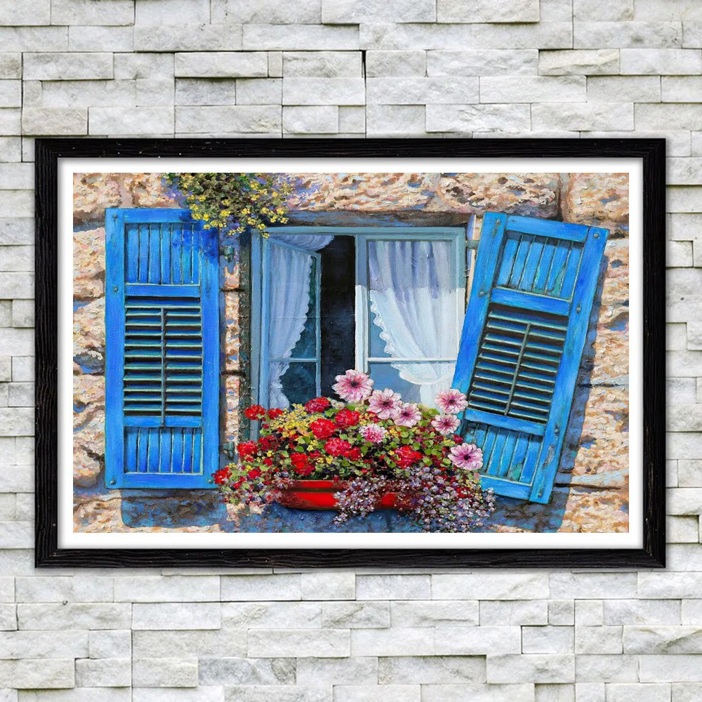 

Vintage Home Decor Blue Window Oil Painting Art On Canvas Prints Bright Flower Sill Poster Pictures For Living Room Cuadros