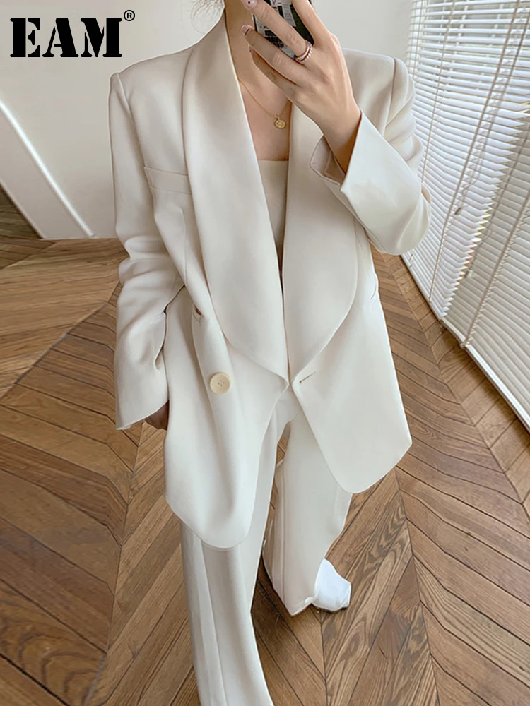 

[EAM] Wide Leg Pants Big Size Two Piece Suit New Lapel Long Sleeve Loose Fit Women Fashion Tide Spring Autumn 2023 1DD5643