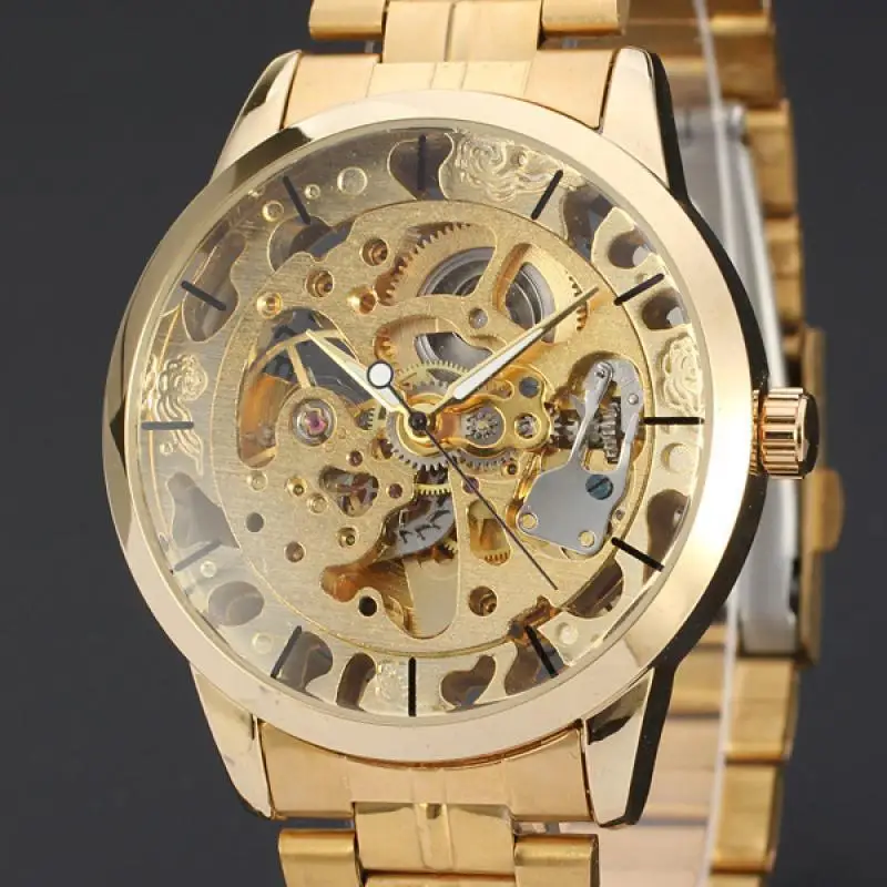 

Luxury Silver Gold Automatic Mechanical Men Watch Skeleton Stainless Steel Self-wind Wrist Watch Men Big Clock relogio masculino