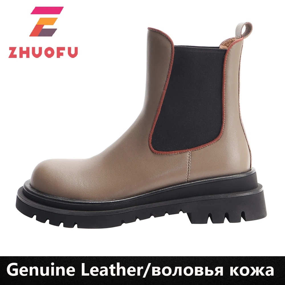 

ZHUOFU модные белые ботинки челси до середины икры из натуральной кожи на толстой подошве на высоком каблуке зимние ботинки на платформе корич...