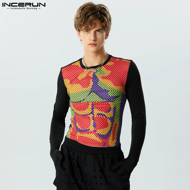

2023 Men T Shirt Printing O-neck Long Sleeve Gloves Streetwear Fitness Stylish Men Clothing Casual Camisetas INCERUN Plus Size