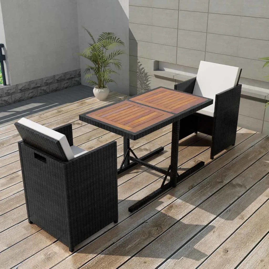 

3 Piece Bistro Set with Cushions Poly Rattan Black Outdoor Table and Chair Sets Outdoor Furniture Sets