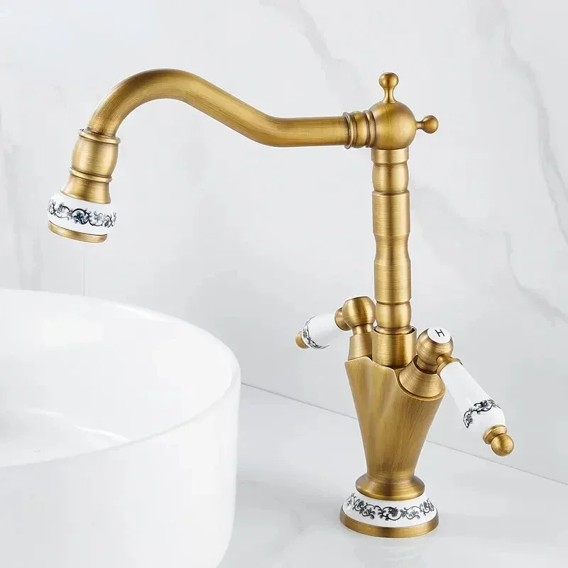 Античный латунный смеситель для раковины холодной и горячей воды в стиле ретро